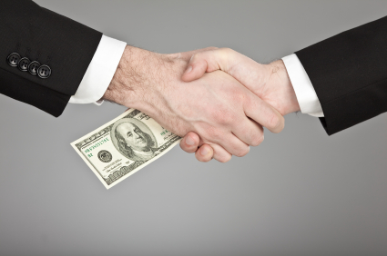 business manager handshake isolated with hundred dollar money